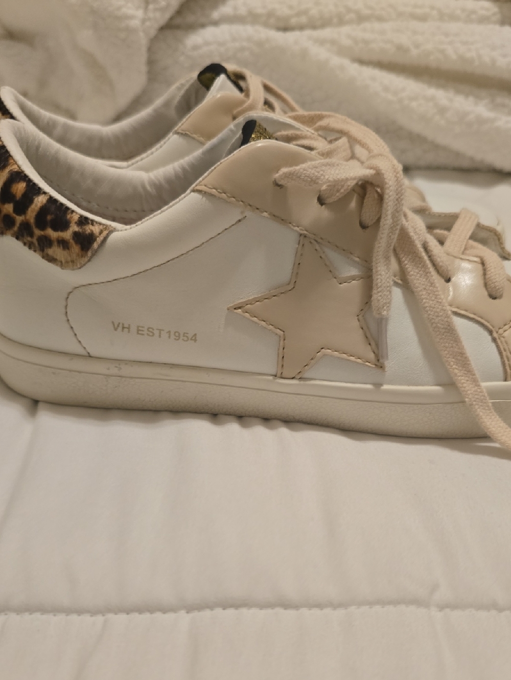 Vintage White Leather Sneakers with Beige Star & Leopard Heel